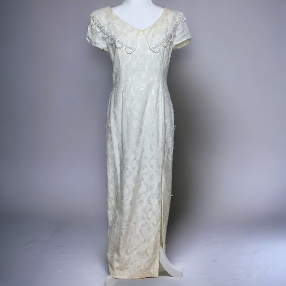 Vintage 90s Gunne Sax off white lace trim jacquard full length dress Medium